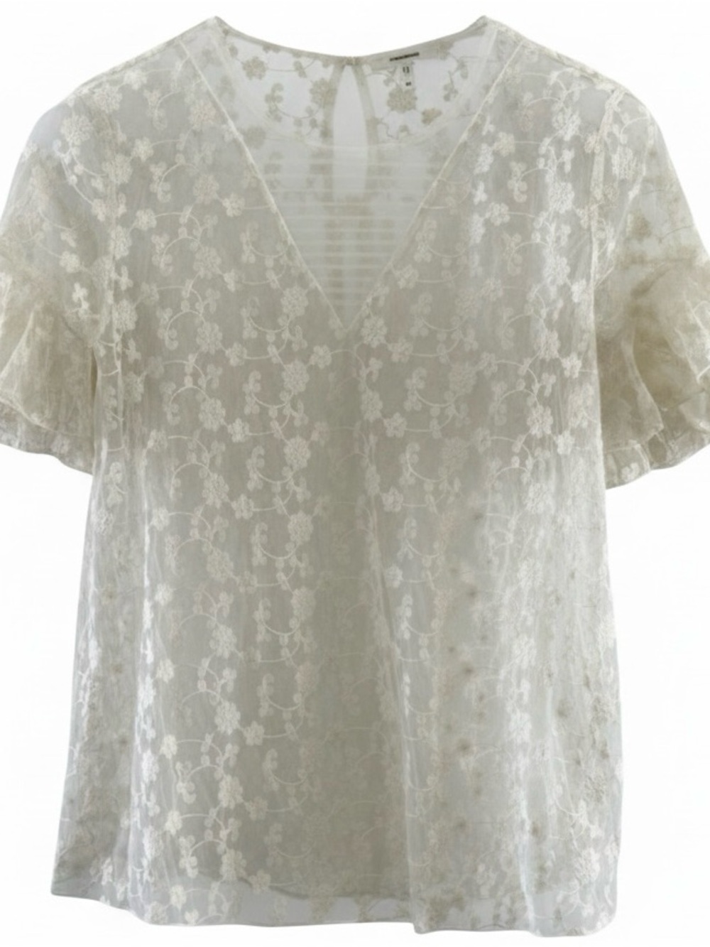 Maurices Sheer Floral Embroidered V-Neck Blouse With Ruffle Sleeves M Ivory